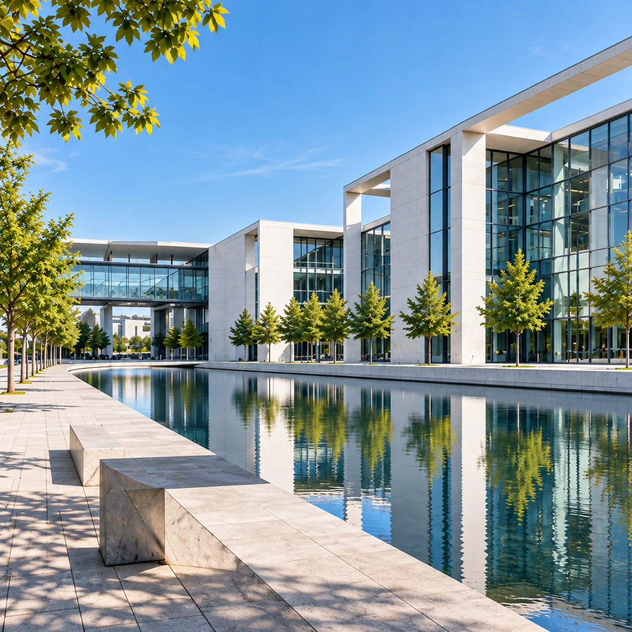 Moderne Unternehmensgebäude mit Glasfassaden und Wasserbecken.