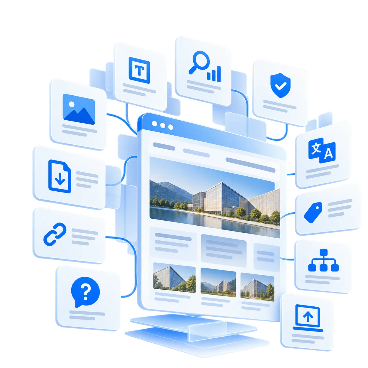 Redakteur am Arbeitsplatz, umgeben von Content-Bausteinen für die neue Website.