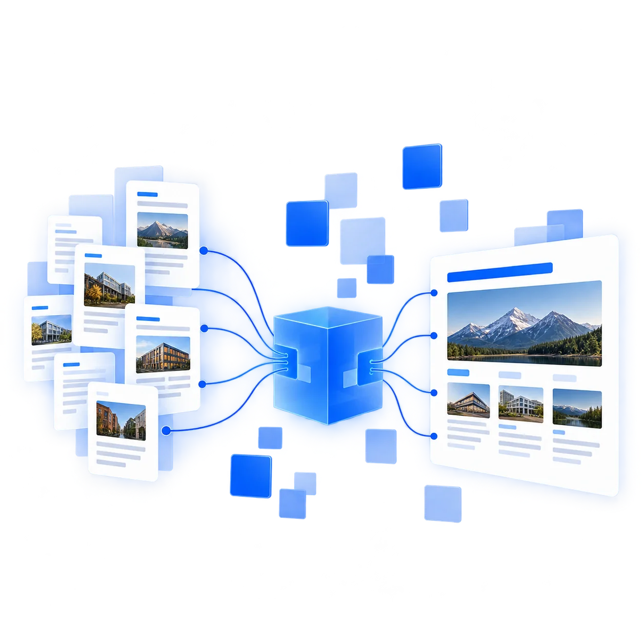 Viele bestehende Seiten laufen durch eine blaue Struktur und werden zu einer klaren neuen Website.