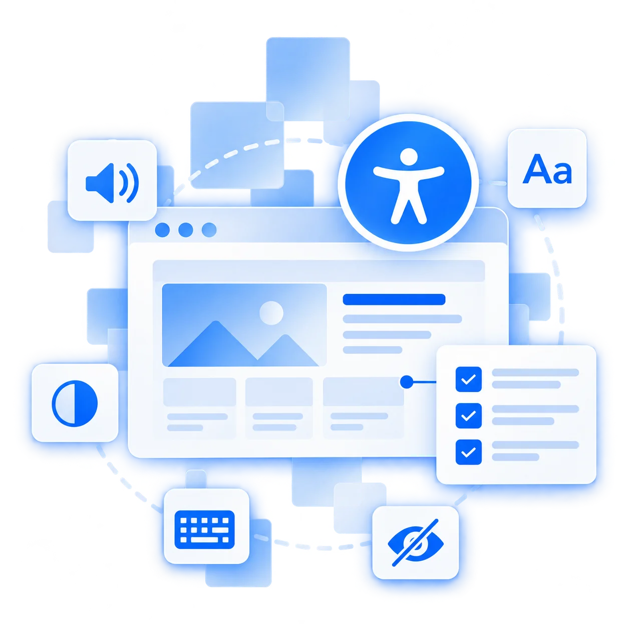 Symbole für Barrierefreiheit um ein Browserfenster: Tonausgabe, Kontrast, Tastatur, Schriftgröße und eine Checkliste.