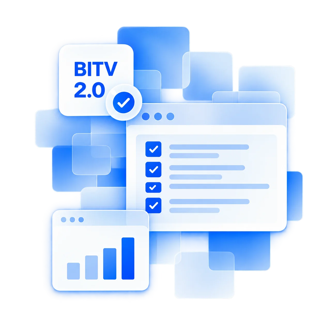 BITV-2.0-Kachel neben einer Checkliste und einem Balkendiagramm.