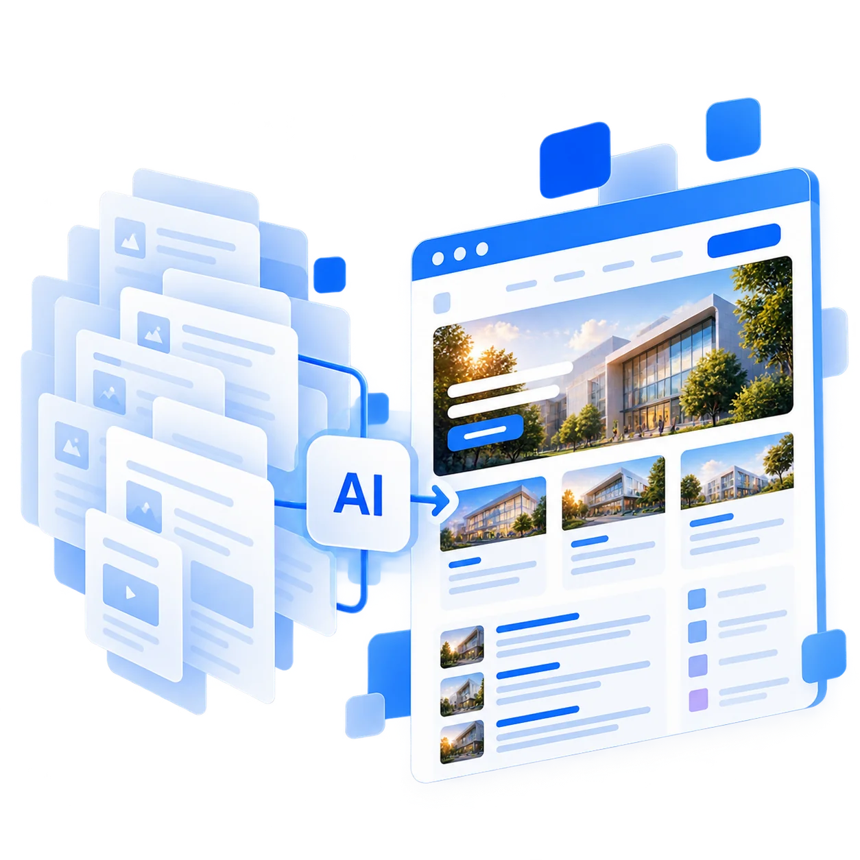 Bestehende Seiten werden über einen KI-Knoten in eine neue Website überführt.