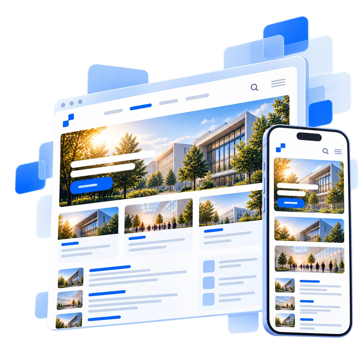 Eine Website auf Desktop und Smartphone, umgeben von Inhaltsbausteinen.